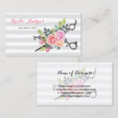 シックなシルバーシザーヘアスタイリストストライプのバラと髪型 名刺 (正面/裏面)