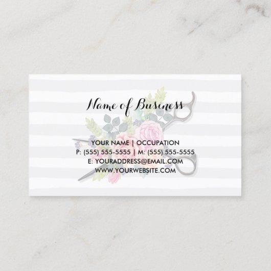 シックなシルバーシザーヘアスタイリストストライプのバラと髪型 名刺 (裏面)