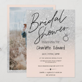 シックなシルバースクリプト写真ブライダルシャワーリングピンク 招待状