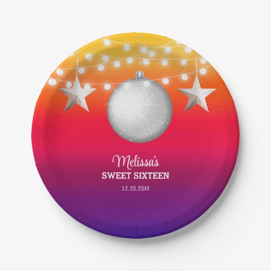 シックなシルバースターストリングライトグラデーション誕生日 ペーパープレート (正面)