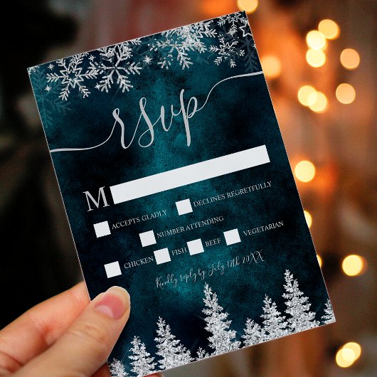 シックなシルバースノーパイングリーンクリスマス冬のrsvp 出欠カード