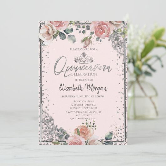 シックなシルバーティアラ、ダイアモンドピンクローズキンセアニラ 招待状 (スタンド正面)