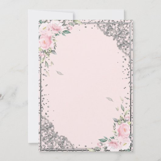 シックなシルバーティアラ、ダイヤモンドピンクの花キンセアニラ 招待状 (裏面)