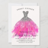シックなシルバーピンクスパークルドレススウィート16th誕生日 招待状 (正面)