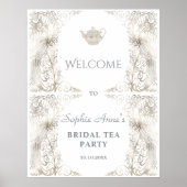 シックなシルバーピーコックブライダルティーパーティーウェルカムサイン ポスター (正面)