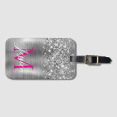 シックなシルバーフォイルFauxグリッターホットピンクモノグラム ラゲッジタグ (正面横)