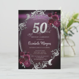 シックなシルバーフレームのワインレッドのバラの50歳の誕生日デザイン 招待状