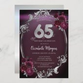 シックなシルバーフレームバーガンディバラ65th誕生日 招待状 (正面/裏面)