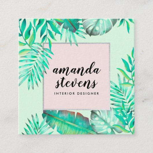 シックなシルバーフレームミントグリーンウォーター色トロピカル スクエア名刺 (正面)