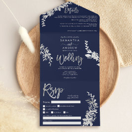 シックなシルバーフローラタイポグラフィネイビー結婚ブルー オールインワン招待状