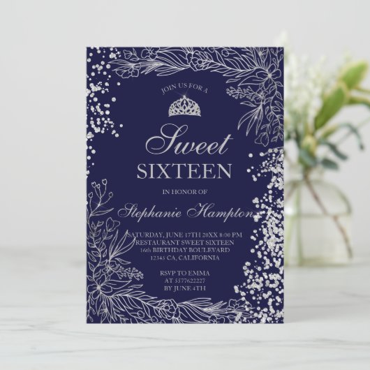 シックなシルバーフローラネイビーブルーティアラシック甘い16 招待状 (スタンド正面)