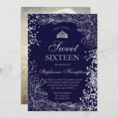 シックなシルバーフローラネイビーブルーティアラシック甘い16 招待状 (正面/裏面)