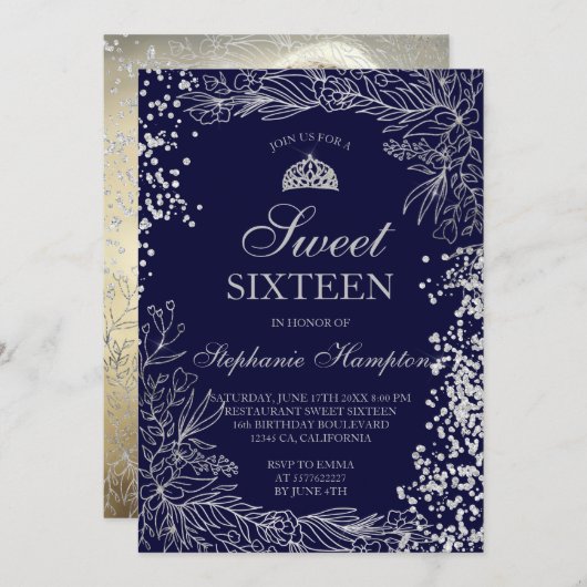 シックなシルバーフローラネイビーブルーティアラシック甘い16 招待状 (正面/裏面)