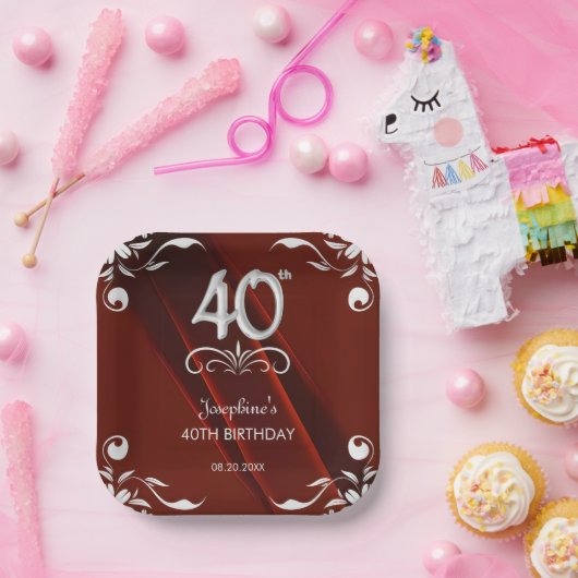 シックなシルバーフローラフレームバーガンディ40th誕生日 ペーパープレート (パーティー)