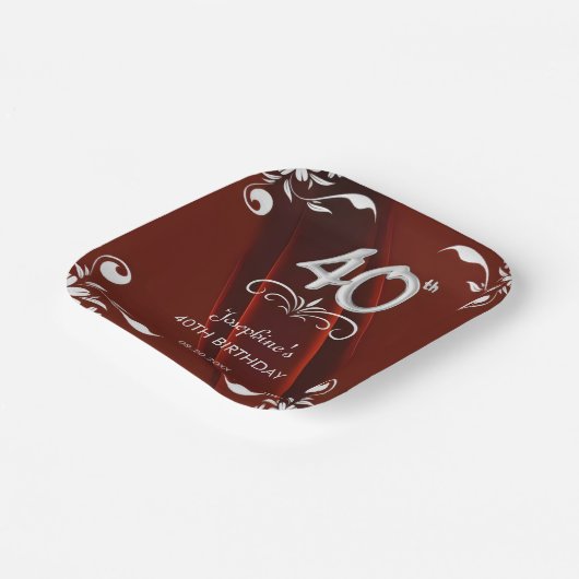 シックなシルバーフローラフレームバーガンディ40th誕生日 ペーパープレート (傾斜あり)