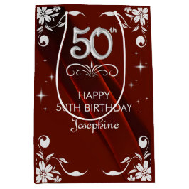 シックなシルバーフローラフレームバーガンディ50誕生日 ミディアムペーパーバッグ