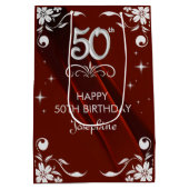 シックなシルバーフローラフレームバーガンディ50誕生日 ミディアムペーパーバッグ (裏面)
