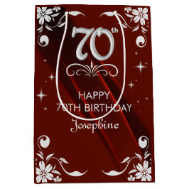 シックなシルバーフローラフレームバーガンディ70誕生日 ミディアムペーパーバッグ