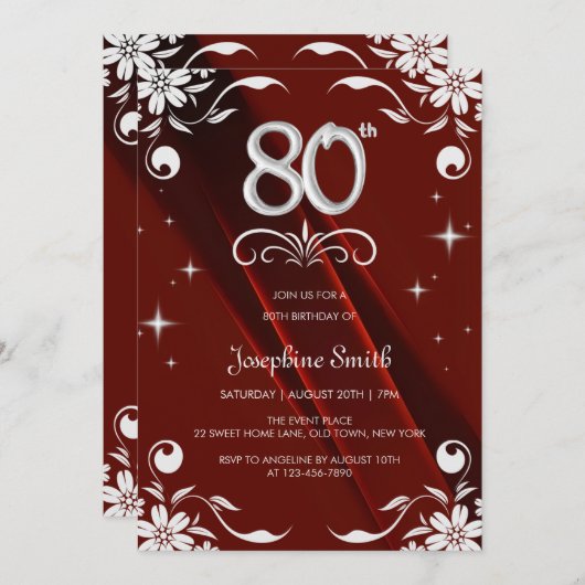 シックなシルバーフローラフレームバーガンディ80誕生日 招待状 (正面/裏面)