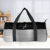 シックなシルバーブラシ仕上げメタルブラックスクリプトモノグラム ダッフルバッグ