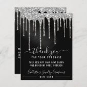 シックなシルバーブラックメタリックグリッタードリップスディスカウント サンキューカード (正面/裏面)