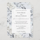 シックなシルバーホワイトローズフローラ結婚ズ 招待状 (正面/裏面)