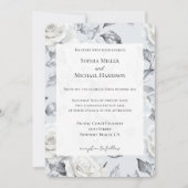 シックなシルバーホワイトローズフローラ結婚ズ 招待状 (正面)