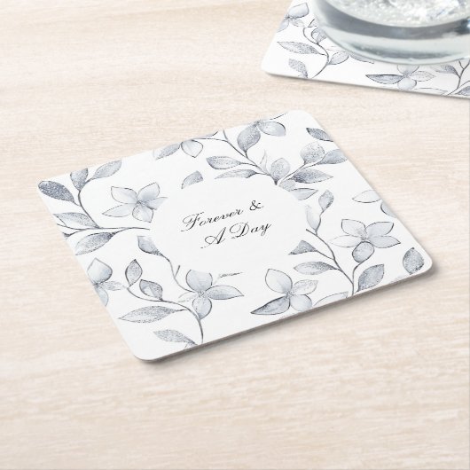 シックなシルバーホワイト結婚フローラ スクエアペーパーコースター (アングル)