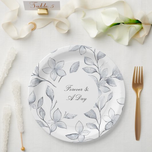 シックなシルバーホワイト結婚フローラ ペーパープレート (ウェディング)