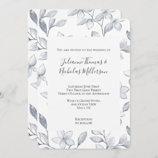シックなシルバーホワイト結婚フローラ 招待状 (正面/裏面)