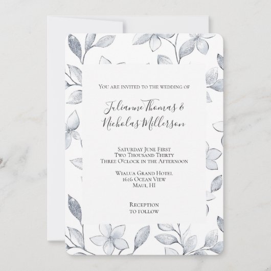 シックなシルバーホワイト結婚フローラ 招待状 (正面)