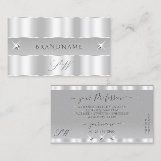 シックなシルバーライトグレーきらめくダイヤモンドイニシャル 名刺 (正面/裏面)