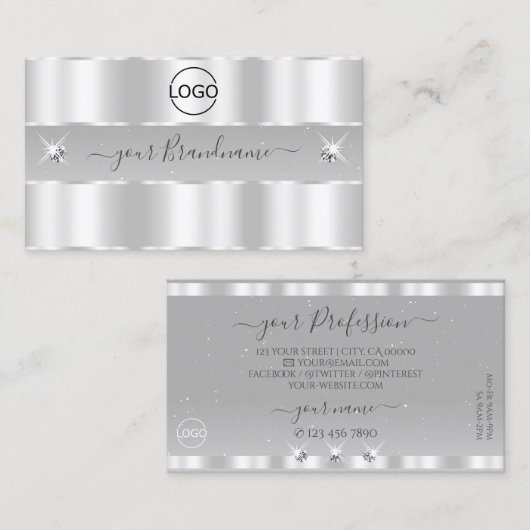 シックなシルバーライトグレーきらめくダイヤモンド追加ロゴ 名刺 (正面/裏面)
