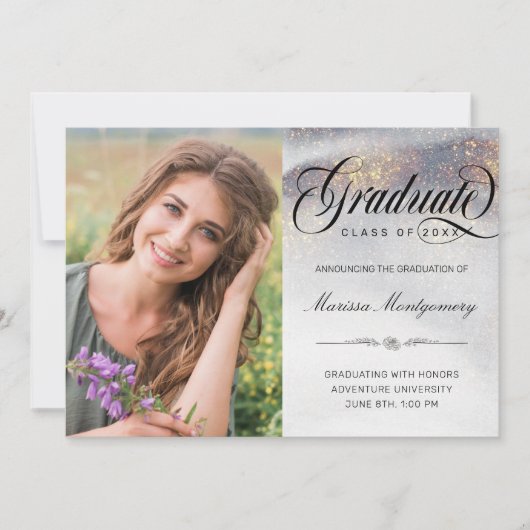 シックなシルバー金ゴールドキラキラ写真卒業 案内状 (正面)