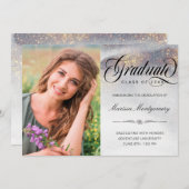 シックなシルバー金ゴールドキラキラ写真卒業 案内状 (正面/裏面)