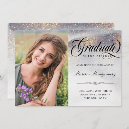 シックなシルバー金ゴールドキラキラ写真卒業 案内状 (正面/裏面)