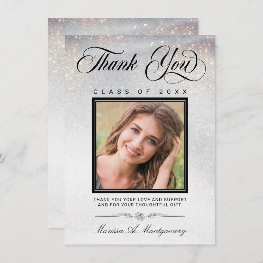シックなシルバー金ゴールドグリッター写真卒業 サンキューカード (正面/裏面)
