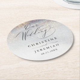 シックなシルバー金ゴールドスパークルウォーターカラーラグジュアリー結婚ズ ラウンドペーパーコースター