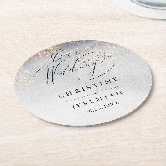 シックなシルバー金ゴールドスパークルウォーターカラーラグジュアリー結婚ズ ラウンドペーパーコースター (アングル)