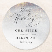 シックなシルバー金ゴールドスパークルウォーターカラーラグジュアリー結婚ズ ラウンドペーパーコースター (正面)