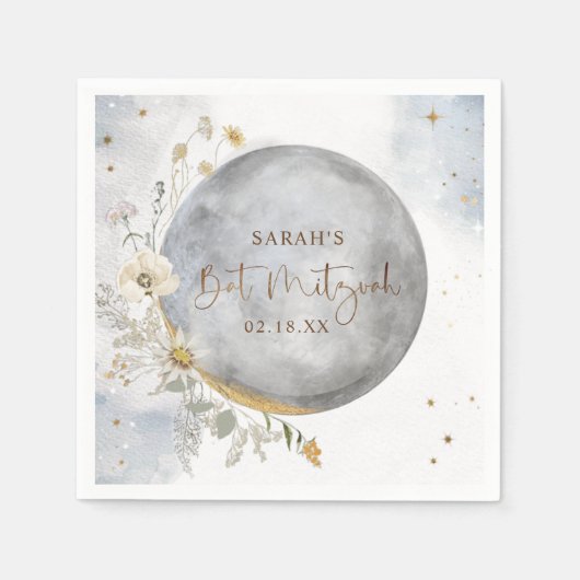 シックなシルバー、ブルー、金ゴールド天月バルミツワー スタンダードカクテルナプキン (正面)