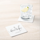 シックなシルバーMモノグラム結婚スクリプト名の日付 スクエアペーパーコースター (インサイチュ)