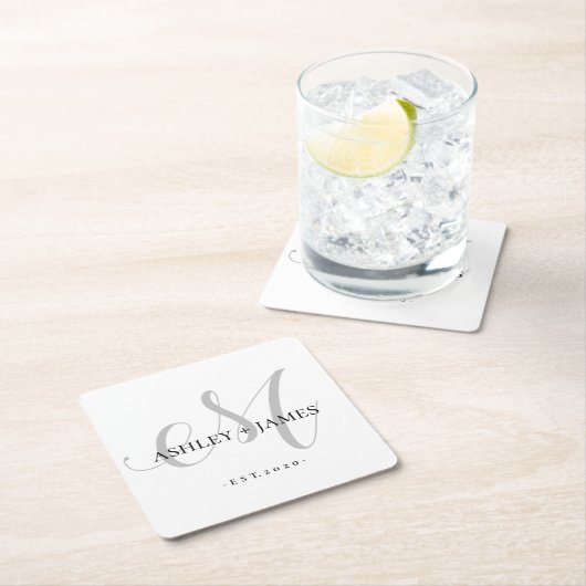 シックなシルバーMモノグラム結婚スクリプト名の日付 スクエアペーパーコースター (インサイチュ)