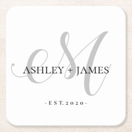 シックなシルバーMモノグラム結婚スクリプト名の日付 スクエアペーパーコースター