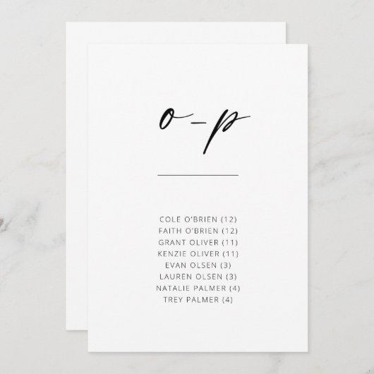 シックなシンプルモダンスクリプトアルファベットの座席O-P (正面/裏面)
