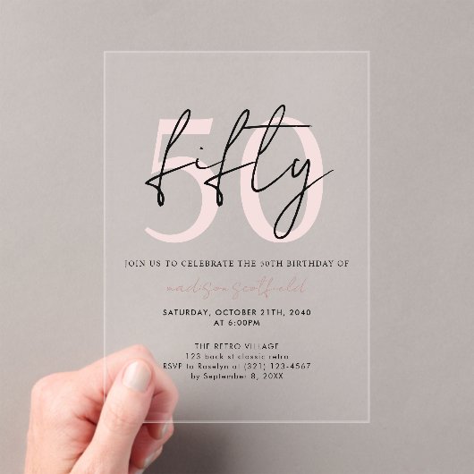 シックなシンプル赤面ミニマリストのピンク50th Brithday アクリル招待状 (インサイチュ (ポータブル))