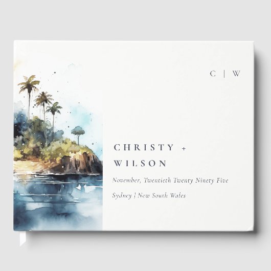 シックなシースケープパームツリーアイランドウォーター結婚カラー ゲストブック (正面)