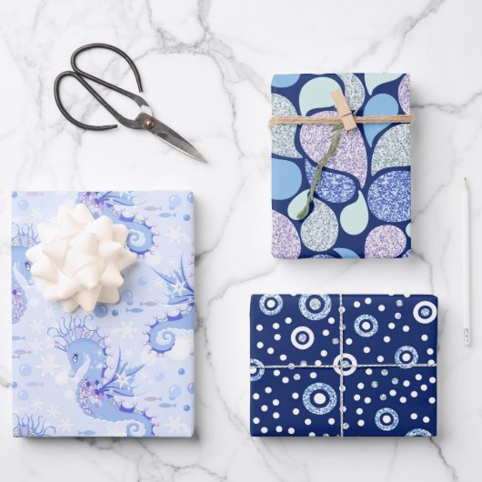 シックなシーホースガーリー海パターン赤ちゃん女の子 ラッピングペーパーシート (正面)