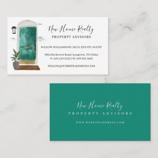シックなジェイドグリーンウォーターカラーフロントドア玄関 名刺 (正面/裏面)