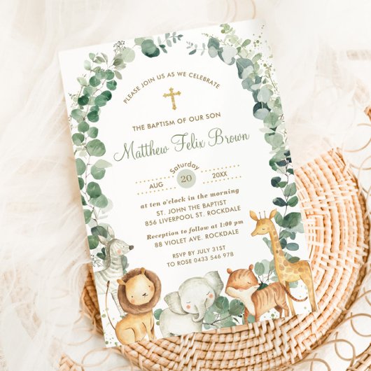 シックなジャングルアニマルズグリーンバプテスマ《キリスト教》洗礼式や命名式 招待状